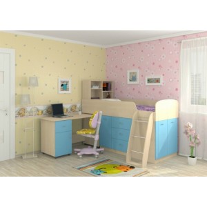Кровать чердак Дюймовочка (Голубой+Дуб Молочный)