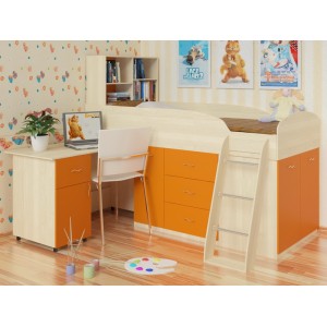 Кровать чердак Дюймовочка (Оранжевый+Дуб Молочный)