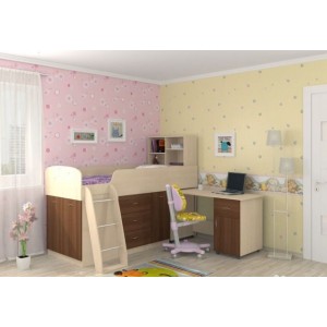 Кровать чердак Дюймовочка (Дуб Молочный+Орех)