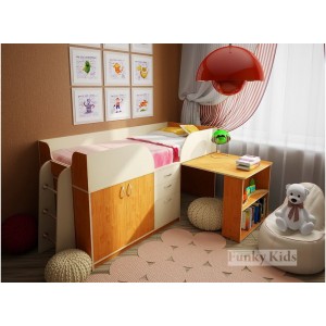 Кровать чердак с выдвижным столом Фанки Кидз-10 (Дуб кремона+Оранжевый)