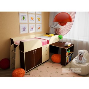 Кровать чердак с выдвижным столом Фанки Кидз-10 (Дуб кремона+Венге)