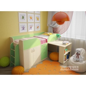 Кровать чердак с выдвижным столом Фанки Кидз-10 (Салатовый+Дуб кремона)