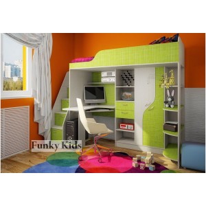 Кровать чердак с выдвижным столом Фанки Кидз-15 (Салатовый+Сосна Лоредо)