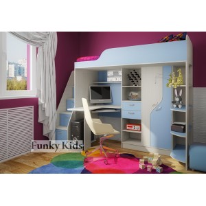 Кровать чердак с выдвижным столом Фанки Кидз-15 (Синий+Сосна Лоредо)