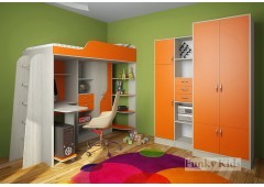 Кровать чердак с выдвижным столом Фанки Кидз-15 (Оранжевый+Сосна Лоредо)