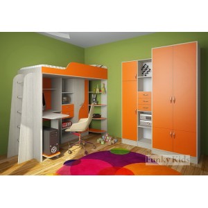 Кровать чердак с выдвижным столом Фанки Кидз-15 (Оранжевый+Сосна Лоредо)
