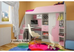 Кровать чердак с выдвижным столом Фанки Кидз-15 (Розовый+Сосна Лоредо)