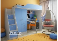 Кровать чердак с выдвижным столом Фанки Кидз-4 (Голубой+Сосна Лоредо)