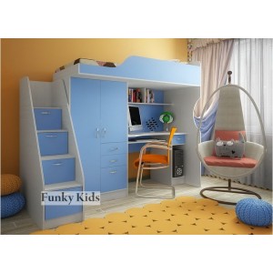 Кровать чердак с выдвижным столом Фанки Кидз-4 (Голубой+Сосна Лоредо)