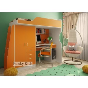 Кровать чердак с выдвижным столом Фанки Кидз-4 (Оранжевый+ Сосна Лоредо)