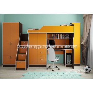 Кровать чердак с выдвижным столом Фанки Кидз-4 (Оранжевый+Венге)