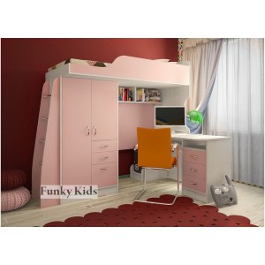 Кровать чердак с выдвижным столом Фанки Кидз-4 (Розовый+Сосна Лоредо)
