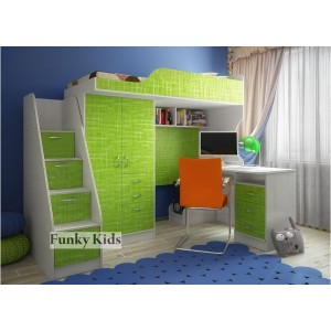 Кровать чердак с выдвижным столом Фанки Кидз-4 (Салатовый+Сосна Лоредо)