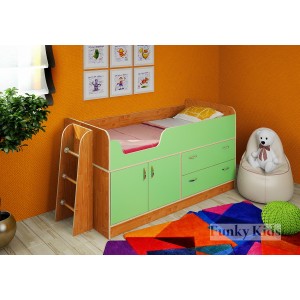 Кровать чердак с выдвижным столом Фанки Кидз-9 (Салатовый+Ольха)