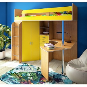 Кровать чердак Фанки Соло 2 (Желтый+Бук)